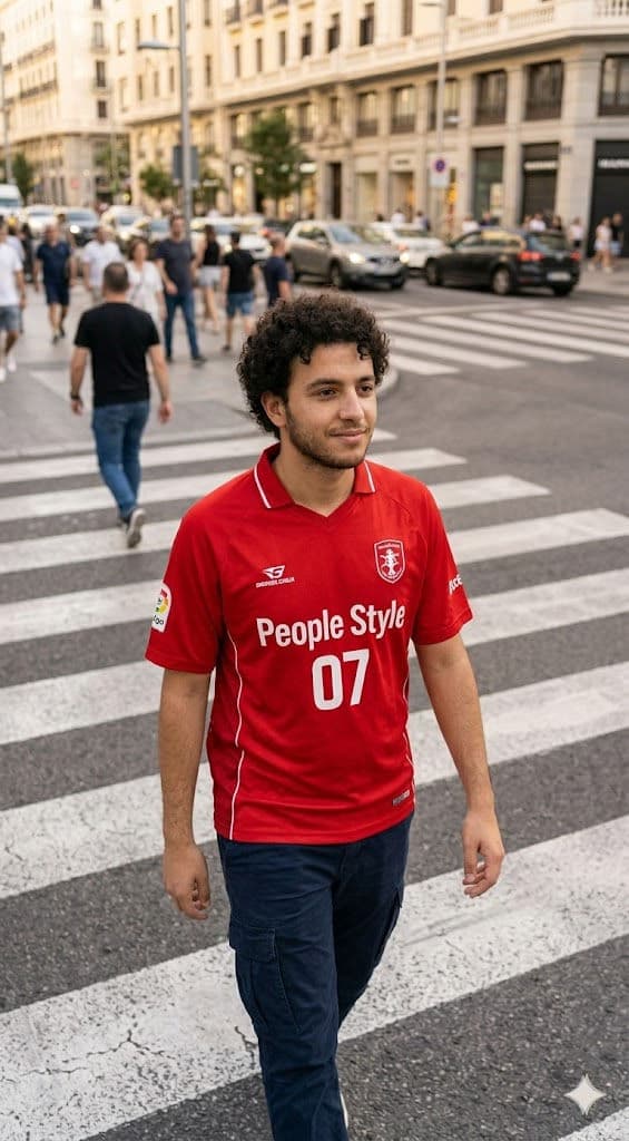 High-Angle Urban Street Style Portrait in Red Jersey Crossing Crosswalk - Free Prompt — Portrait AI art prompt example for Midjourney and Stable Diffusion
