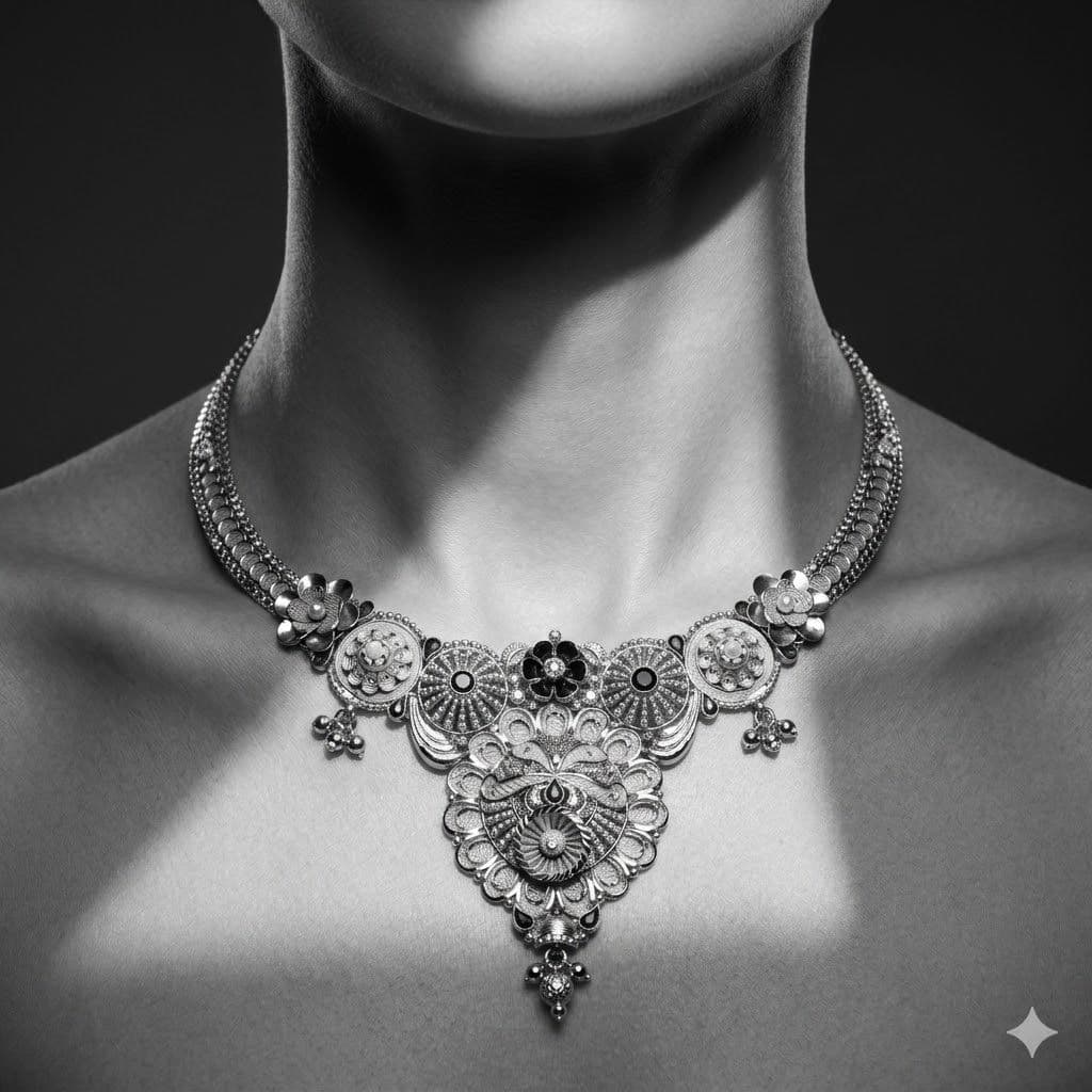 Black & White Luxury Jewellery Macro – Neck & Collarbone Focus – Free Prompt — Business AI art prompt example for Midjourney and Stable Diffusion
