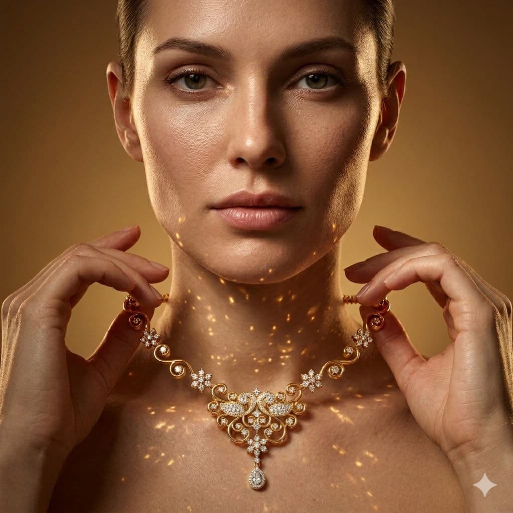Ultra-Realistic Luxury Jewellery Macro – Frontal Portrait with Hands Holding Necklace – Free Prompt — Business AI art prompt example for Midjourney and Stable Diffusion