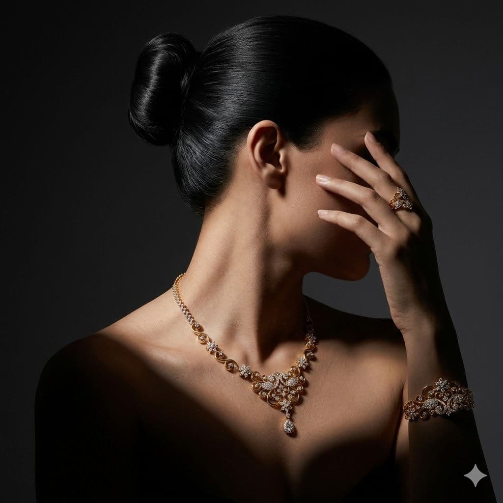Ultra-Realistic Luxury Jewellery Editorial – Right-Side 3/4 Rear Profile — Business AI art prompt example for Gemini and Stable Diffusion