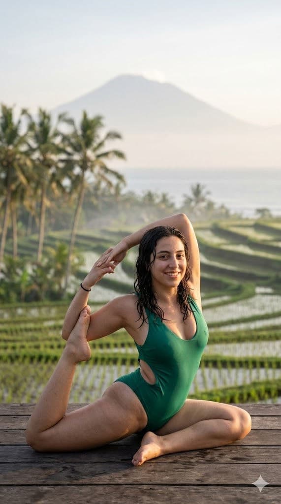 Bali Sunrise Yoga Pose — Cinematic Tropical Wellness Portrait - Free Prompt — Portrait AI art prompt example for Gemini and Stable Diffusion