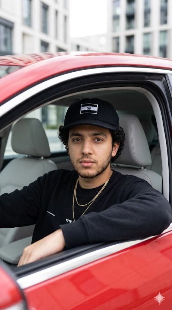 Young Man in Driver's Seat – Black Cricket Cap with Indian Flag, Gold Chains, Red Car Interior, Streetwear Editorial Portrait — Portrait AI art prompt example for Gemini and Stable Diffusion