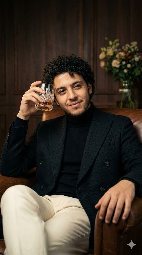 Ultra-Realistic Luxury Editorial Portrait – Man in Blazer Holding Whiskey Glass Cinematic Photo Prompt — Portrait AI art prompt example for Gemini and Stable Diffusion