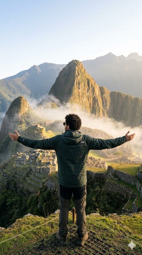 Traveler Overlooking Machu Picchu at Sunrise 🏔️📸 — Portrait AI art prompt example for Gemini and Stable Diffusion