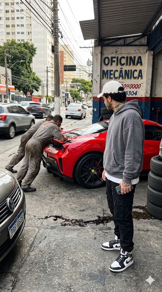 Candid iPhone Shot – Red Ferrari 488 Pista Pushed into São Paulo Repair Shop, Unposed Street Moment — Portrait AI art prompt example for Gemini and Stable Diffusion
