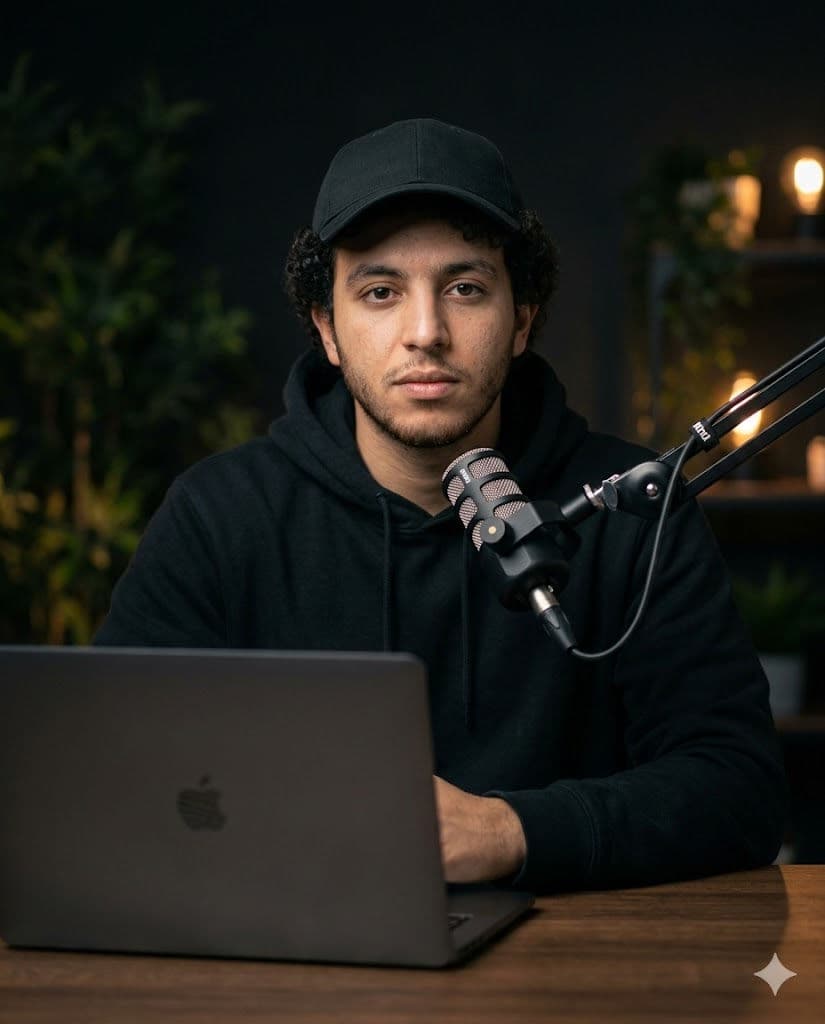 Cinematic Dark Studio Male Portrait for Content Creator with Podcast Setup – Free Prompt — Portrait AI art prompt example for Midjourney and Stable Diffusion