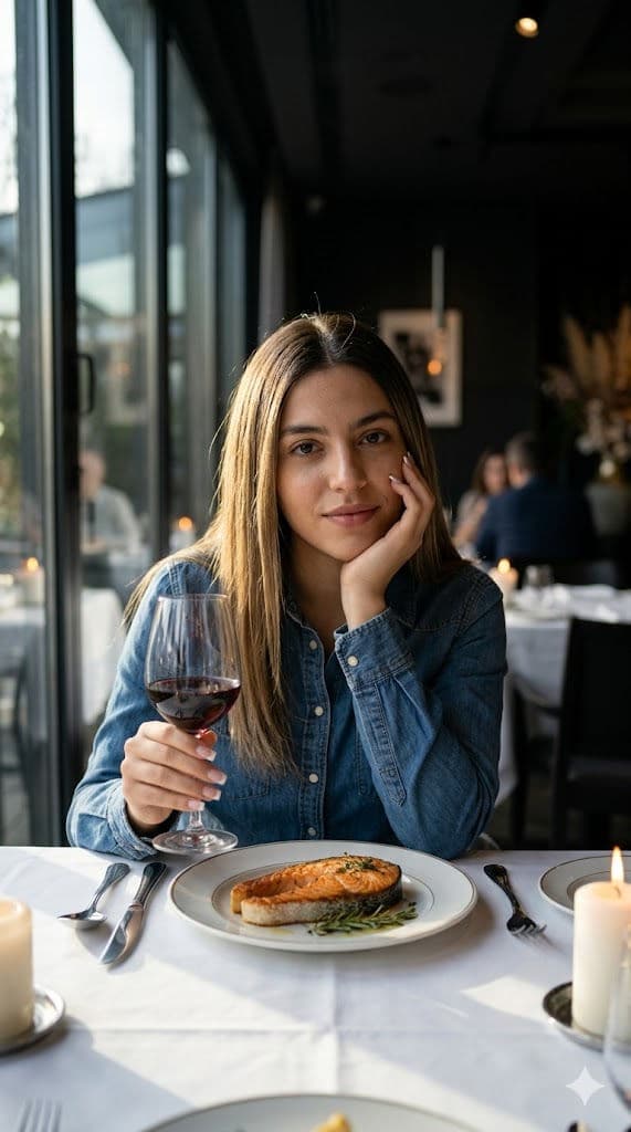Elegant Woman Dining with Red Wine in Moody Restaurant — Portrait AI art prompt example for Gemini and Stable Diffusion