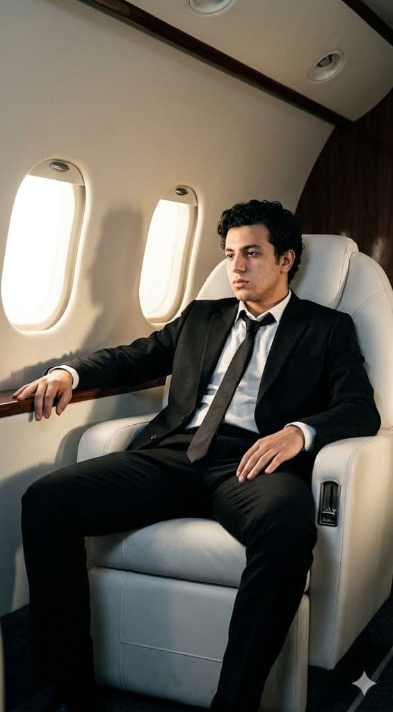Cinematic Private Jet Fashion Portrait – Luxury Editorial Menswear Photography Prompt — Portrait AI art prompt example for Midjourney and Stable Diffusion