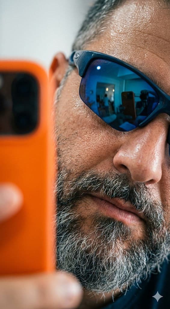 Extreme Macro Cinematic Portrait with Blue Sport Glasses and Orange Smartphone Foreground — Portrait AI art prompt example for Gemini and Stable Diffusion