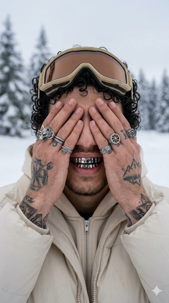 Hyperrealistic Snow Portrait with Grills and Rings ❄️💎 — Portrait AI art prompt example for Gemini and Stable Diffusion