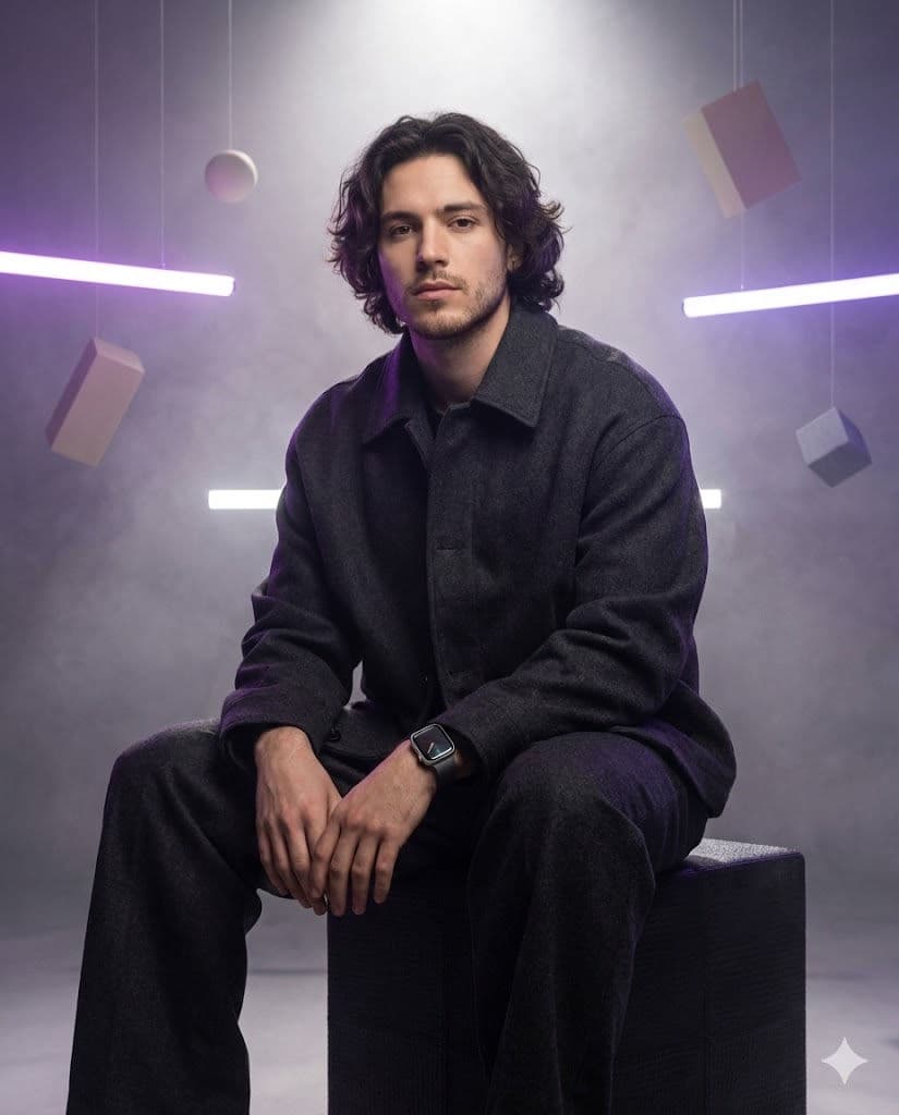 Ultra-Realistic Cinematic Fashion Portrait Prompt – Futuristic Studio with Neon Geometry — Portrait AI art prompt example for Gemini and Stable Diffusion