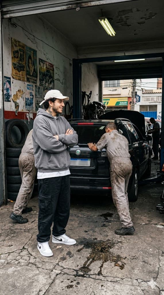 Man Arriving at São Paulo Repair Shop – Black Skoda Octavia Pushed by Mechanics, Ultra-Realistic Candid Scene — Portrait AI art prompt example for Gemini and Stable Diffusion