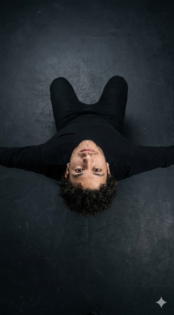 Aerial Top-Down Cinematic Portrait – 90° Overhead Editorial Studio Photography in Black, Ultra-Realistic 8K — Business AI art prompt example for Gemini and Stable Diffusion