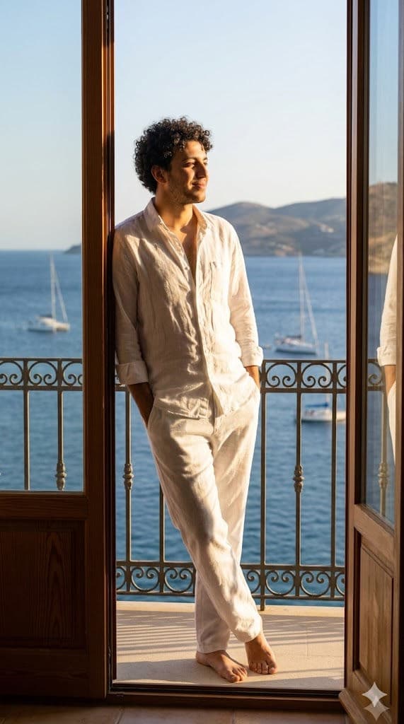 Ultra-Realistic Mediterranean Balcony Lifestyle Portrait – Man in White Linen, Golden Hour Travel Editorial Photo Prompt — Portrait AI art prompt example for Gemini and Stable Diffusion