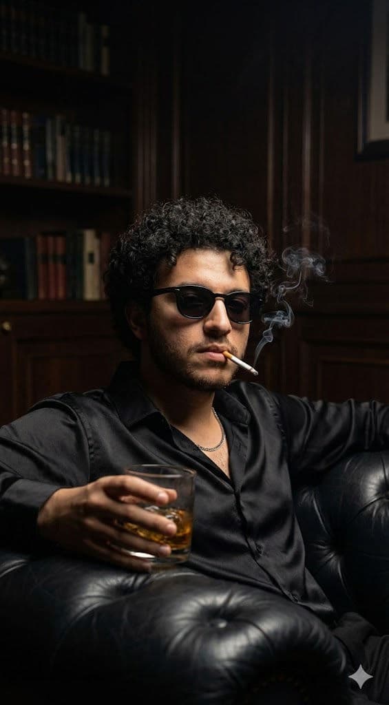 Noir Whiskey Lounge Portrait — Leather Chesterfield, Cigarette Smoke, Masculine Editorial — Portrait AI art prompt example for Gemini and Stable Diffusion