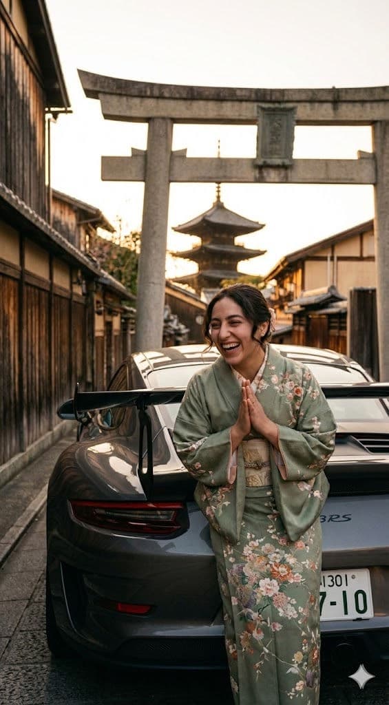 Photorealistic iPhone Sunset Prompt in Kyoto – Kimono Woman & Porsche GT3 RS — Portrait AI art prompt example for Midjourney and Stable Diffusion