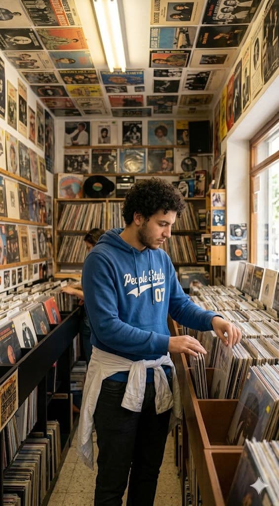Casual Record Store Browsing Portrait – Nostalgic Vinyl Shop Lifestyle Photography Free Prompt — Portrait AI art prompt example for Gemini and Stable Diffusion