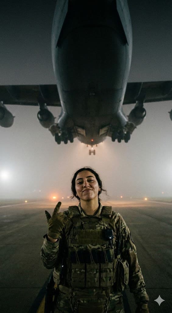 Cinematic Night Military Prompt – Low-Angle Soldier Under Flying Aircraft — Portrait AI art prompt example for Gemini and Stable Diffusion