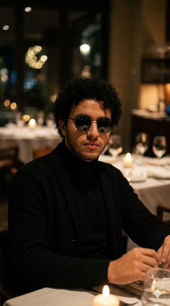 Ultra-Realistic Cinematic Restaurant Portrait – Man in Black Turtleneck with Sunglasses Luxury Editorial Photo Prompt — Portrait AI art prompt example for Gemini and Stable Diffusion