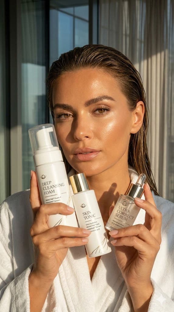Luxury Sun-Kissed Skincare Editorial Portrait with Natural Light Glow & Haircare Products (Ultra-Realistic 9:16 Campaign Shot) — Business AI art prompt example for Gemini and Stable Diffusion