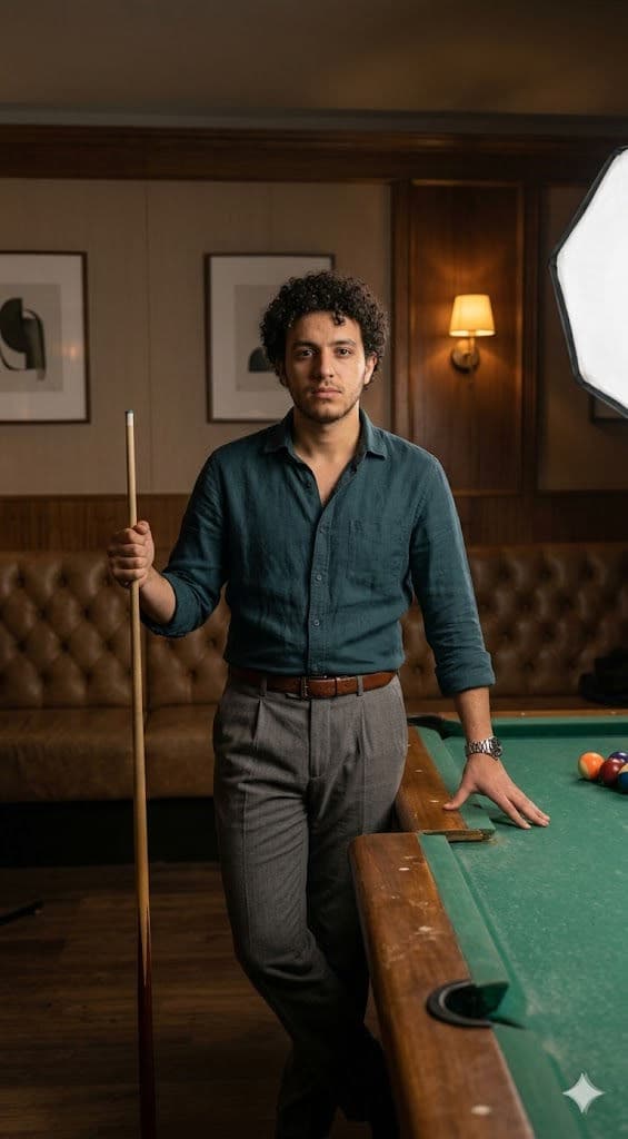 Cinematic Billiard Lounge Portrait of a Man with Pool Cue – Moody Editorial Lifestyle Photography Free Prompt — Portrait AI art prompt example for Gemini and Stable Diffusion