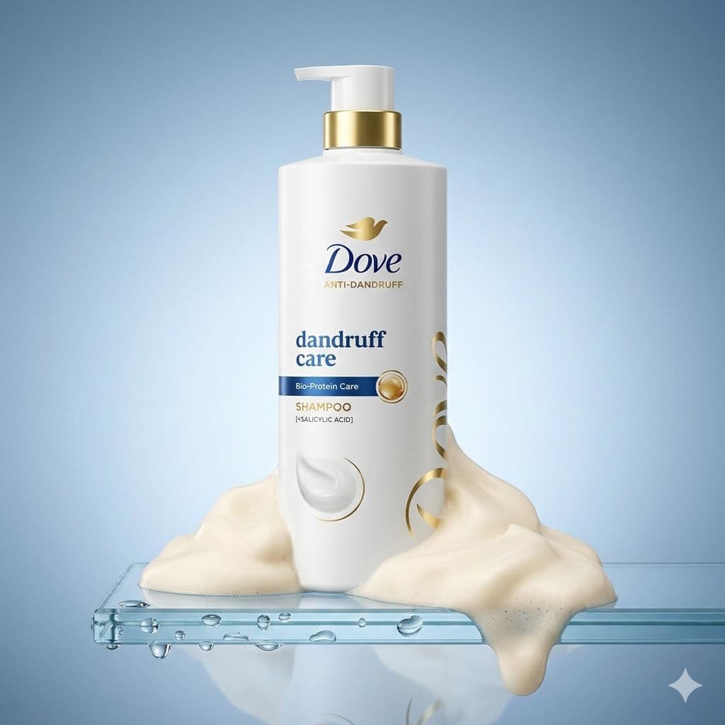 Luxury Beauty Bottle on Glass Plate – High-End Skincare Product Photography with Water Drips, Cream Foam & Soft Blue Gradient Background — Business AI art prompt example for Gemini and Stable Diffusion