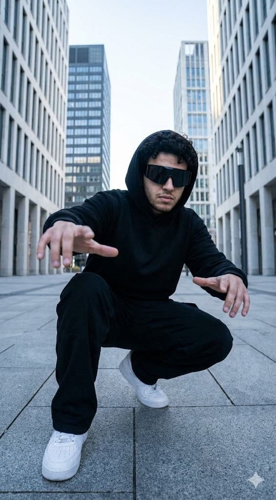 Wide-Angle Dominance — Urban Crouch, Black Hoodie Street Editorial — Portrait AI art prompt example for Midjourney and Stable Diffusion