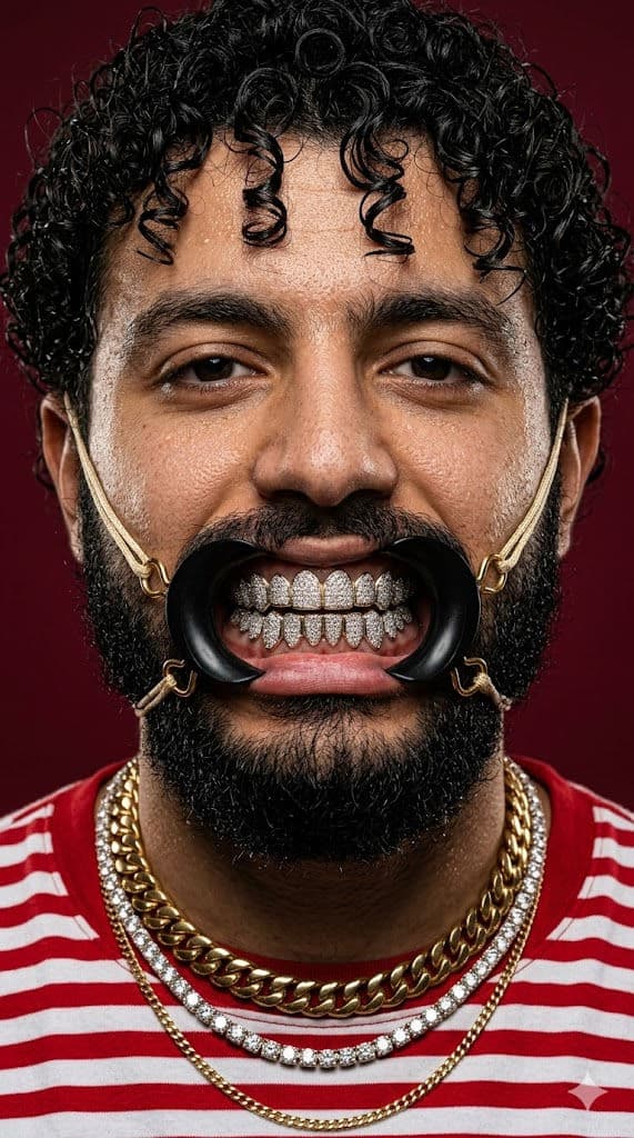 Extreme Hyperrealistic Diamond Grills Macro Portrait 💎📸 — Portrait AI art prompt example for Gemini and Stable Diffusion