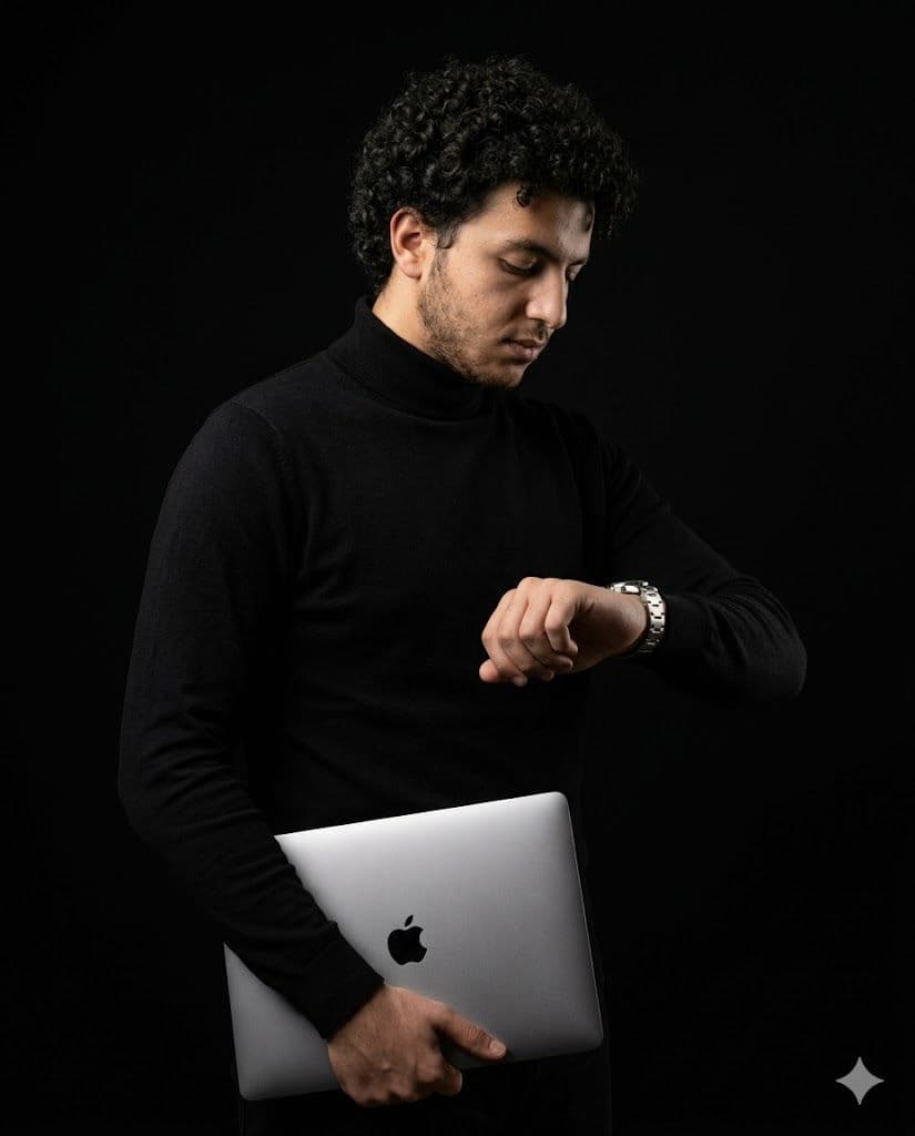 Free Prompt for Cinematic Studio Portrait Checking Watch with MacBook 🎬📸 — Portrait AI art prompt example for Gemini and Stable Diffusion