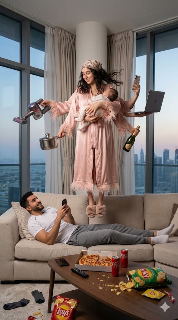 Free Prompt for Surreal Multi-Tasking Fashion Concept Living Room Scene ✨📸 — Portrait AI art prompt example for Gemini and Stable Diffusion