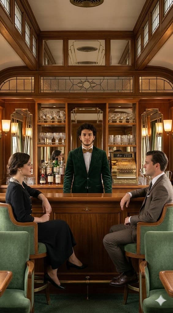 Perfectly Symmetrical Luxury Bar Interior with Bartender – Cinematic Editorial Photography Prompt — Portrait AI art prompt example for Midjourney and Stable Diffusion