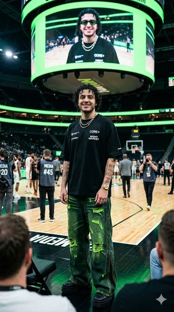 Luxury Streetwear Man in Basketball Stadium — Portrait AI art prompt example for Gemini and Stable Diffusion