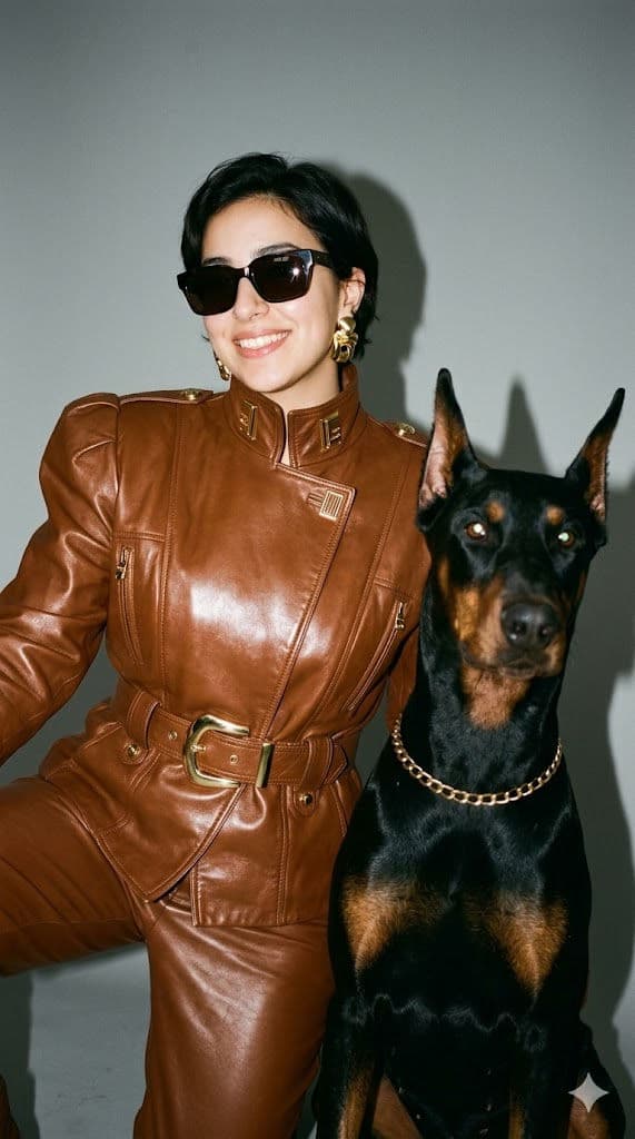 Kurtka Kozhanaya s Zolotym Poyasom – Doberman v Stilnoy Studii, Lyuksovaya Fashion Editorial s Yarkoy Vspyshkoy — Portrait AI art prompt example for Gemini and Stable Diffusion