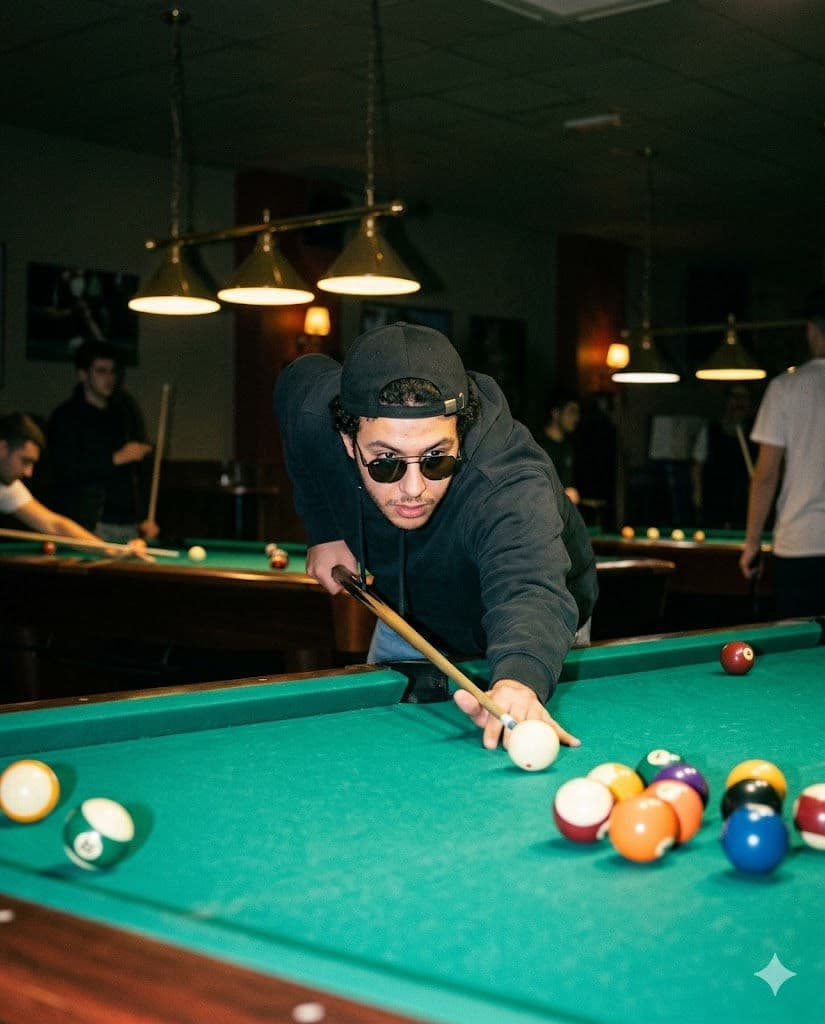 Candid Pool Hall Portrait with Nightlife Flash Photography 🎱📸 — Portrait AI art prompt example for Gemini and Stable Diffusion