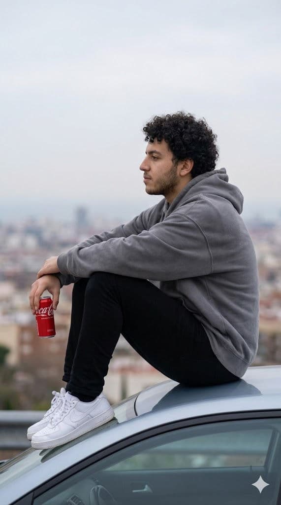Cinematic Rooftop Contemplation — Streetwear Portrait with Coca-Cola Can — Portrait AI art prompt example for Gemini and Stable Diffusion