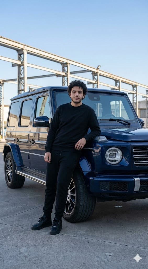 Concrete Status — Blacked-Out Figure with Luxury SUV — Portrait AI art prompt example for Gemini and Stable Diffusion