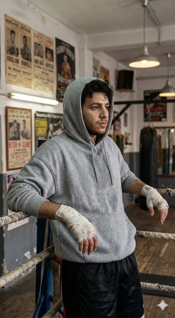 Cinematic Boxing Gym Portrait AI Prompt – Hoodie, Hand Wraps, Raw Athletic Realism — Portrait AI art prompt example for Gemini and Stable Diffusion