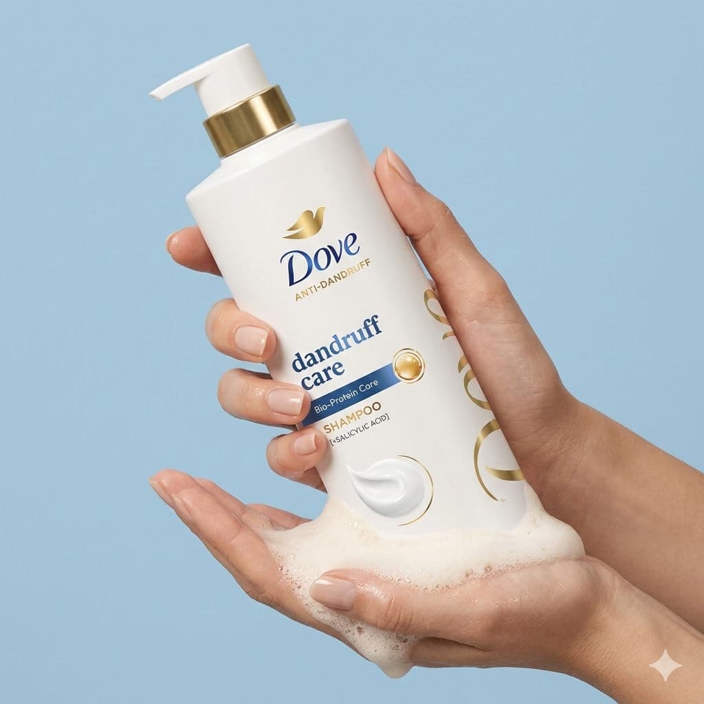 Luxury Haircare Editorial – Woman Holding Mixit Bottle with Creamy Foam on Pastel Blue Background — Business AI art prompt example for Gemini and Stable Diffusion