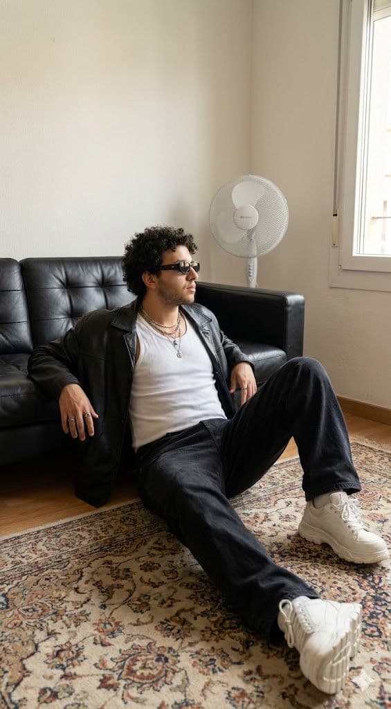 Realistic Lifestyle Portrait Prompt – Man Sitting on Vintage Rug, Leather Jacket — Portrait AI art prompt example for Midjourney and Stable Diffusion