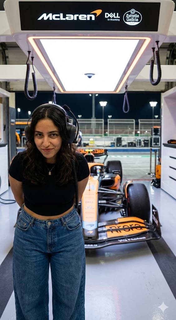 Photorealistic Formula 1 Pit Lane Prompt – Woman in Front of McLaren F1 Car at Night — Portrait AI art prompt example for Midjourney and Stable Diffusion
