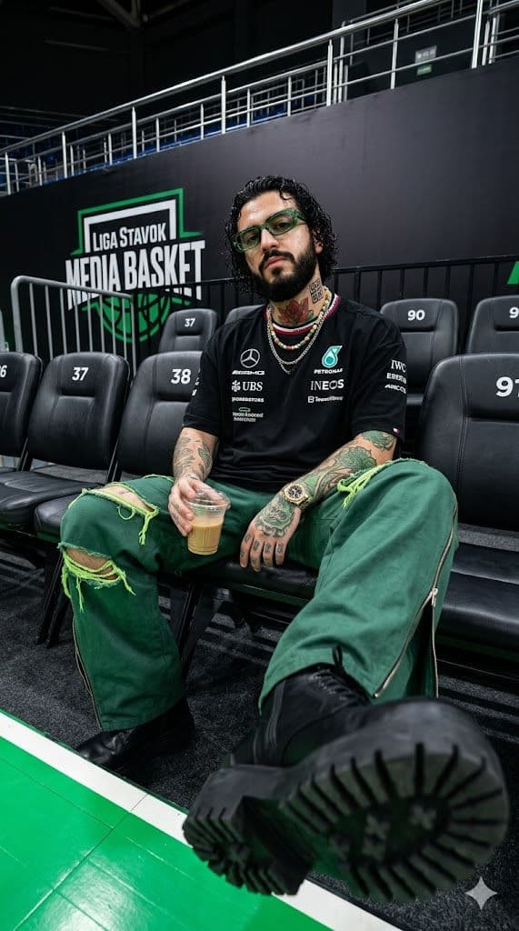 Hyperrealistic Bearded Man Portrait in Media Basket Arena — Portrait AI art prompt example for Gemini and Stable Diffusion