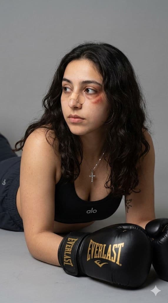 Woman with Black Everlast Boxing Gloves – Sports Studio Portrait, Band-Aid on Nose Bridge, Athletic Editorial — Portrait AI art prompt example for Gemini and Stable Diffusion