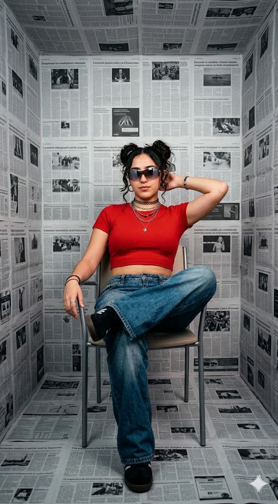Minimalist Y2K Editorial Fashion Portrait with Newspaper Installation Background – Free Prompt — Portrait AI art prompt example for Gemini and Stable Diffusion