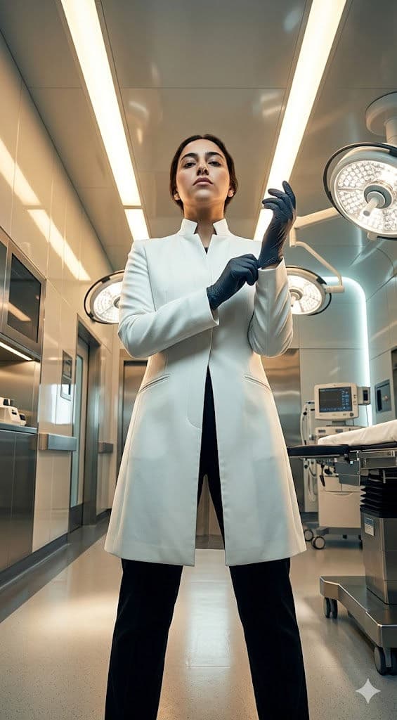 High-Fashion Cinematic Doctor Editorial – Futuristic Luxury Medical Photography Prompt — Portrait AI art prompt example for Gemini and Stable Diffusion