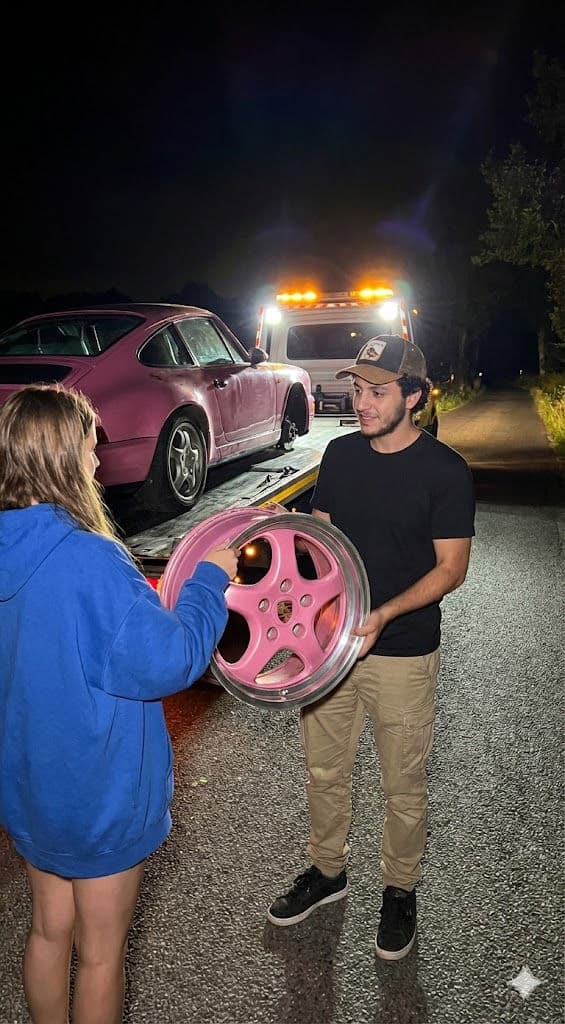 Photorealistic iPhone Flash Prompt – Night Roadside Scene with Porsche 911 on Tow Truck — Portrait AI art prompt example for Midjourney and Stable Diffusion