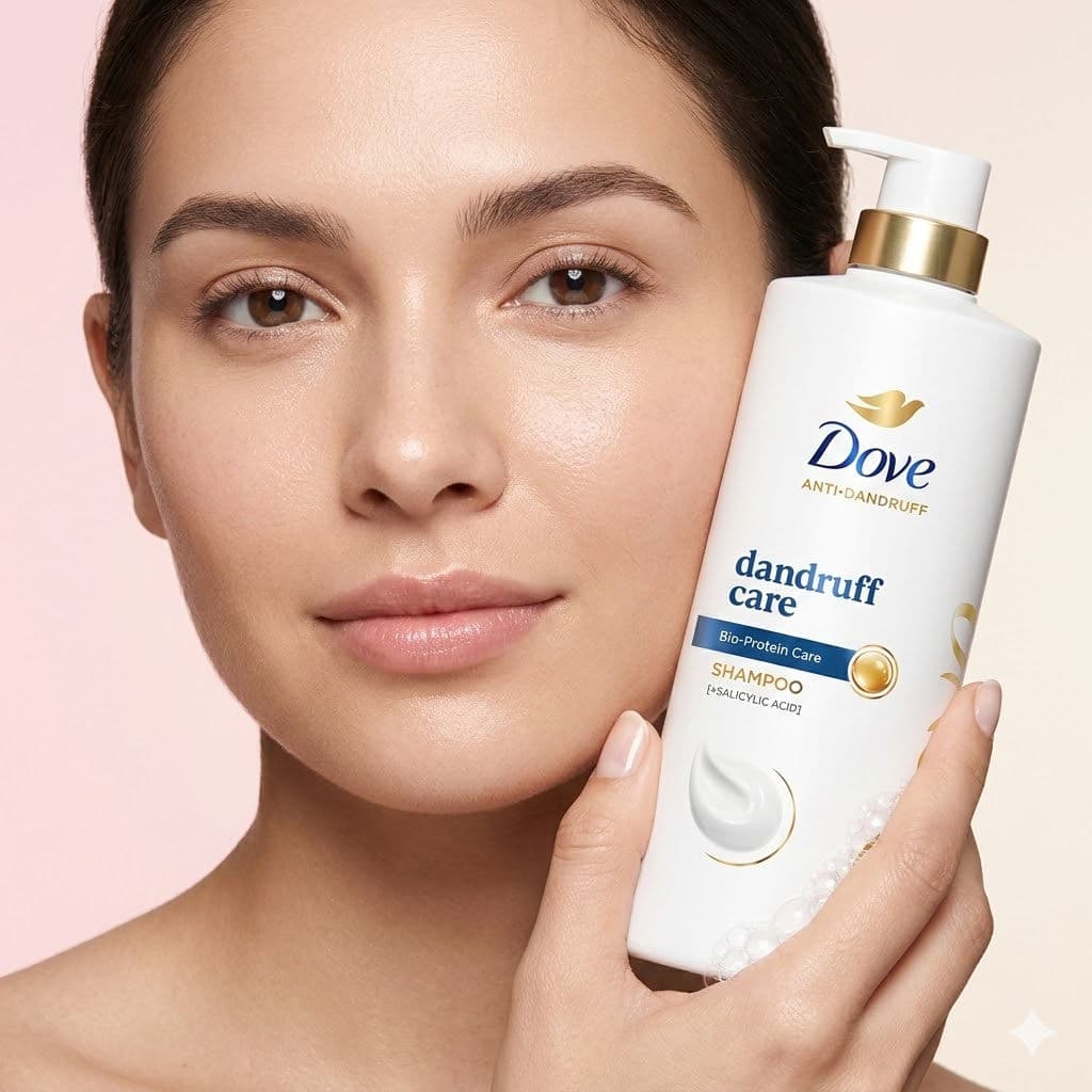 Premium Beauty Editorial – Woman Holding Mixit Product Near Face with Natural Skin on Pastel Gradient Background — Business AI art prompt example for Midjourney and Stable Diffusion