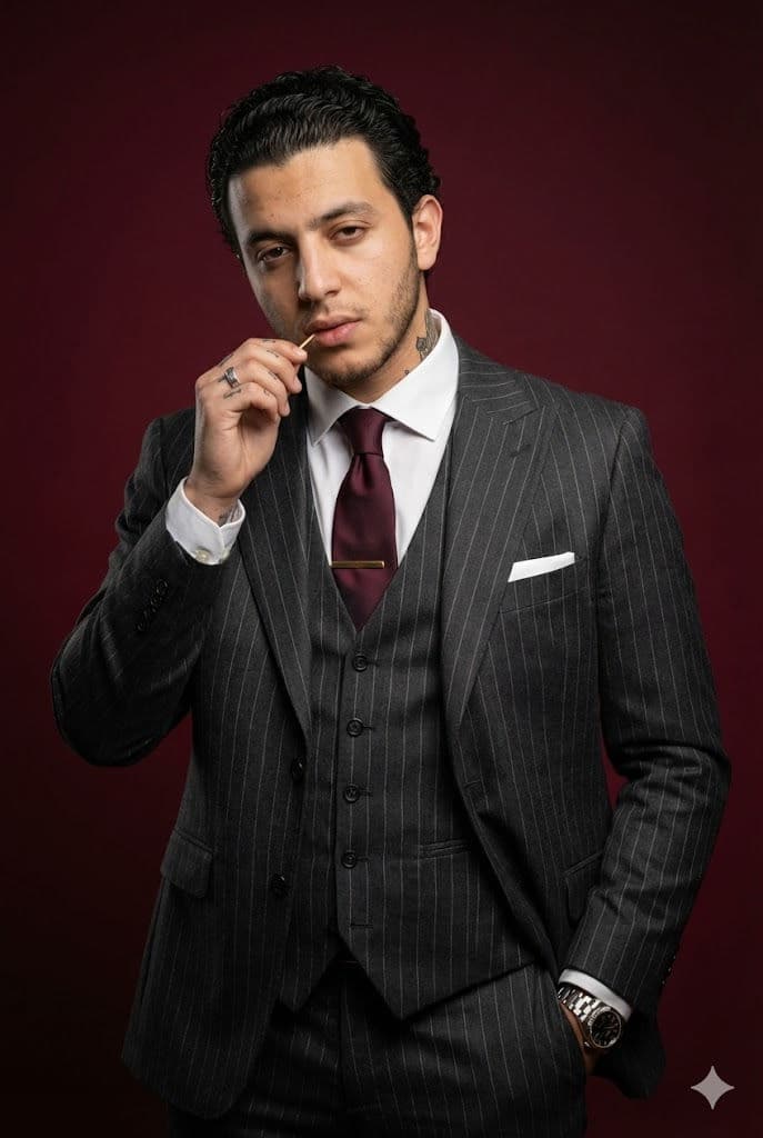 Ultra-Realistic Luxury Fashion Portrait Prompt – Mafia-Inspired Pinstripe Suit, Cinematic Studio — Portrait AI art prompt example for Midjourney and Stable Diffusion