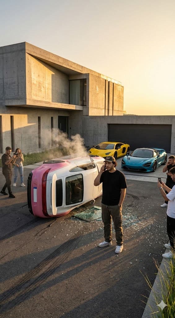 Cinematic Luxury Accident Prompt – Flipped Porsche 911 at Modern Brutalist Mansion — Portrait AI art prompt example for Midjourney and Stable Diffusion
