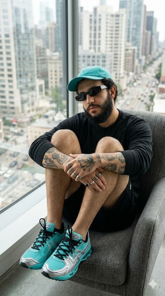 Hyperrealistic Tattooed Man Sitting in Armchair by Window – Cinematic Urban Portrait Photography Prompt — Portrait AI art prompt example for Gemini and Stable Diffusion