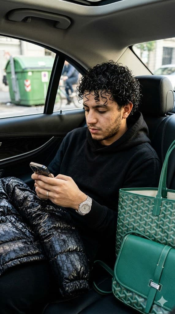 Luxury Car Backseat Portrait with Emerald Designer Bags — Portrait AI art prompt example for Gemini and Stable Diffusion